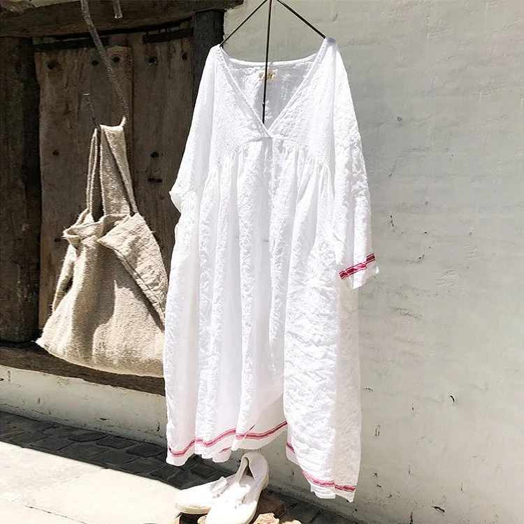 VChics Casual White V Neck Comfy Loose Midi Dress
