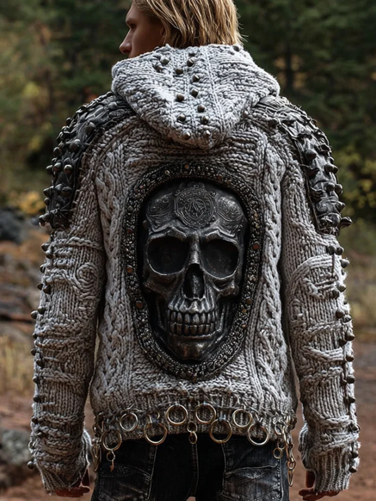 Men's Vintage Silver Mechanical Skeleton Washed Hooded Sweater