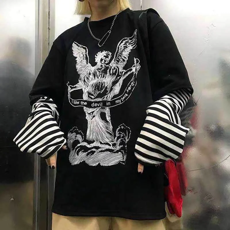 NiceMix Harajuku Streetwear Vintage White T Shirt Women Gothic Tops Kawaii Cartoon Funny Anime Printed Teen Girl Long Sleeve Tee