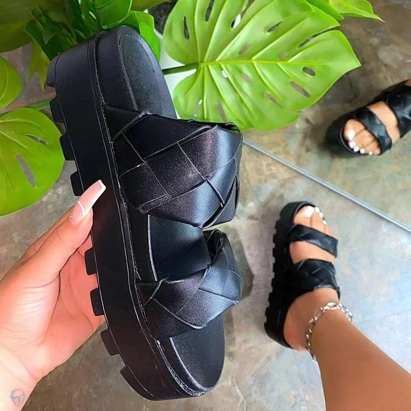 Luxury Sexy Trendy Women Sandals Thick Platform Wedges Heel Pu Leather Weave Height Increasing Outdoor Beach Casual Shoes Ladies