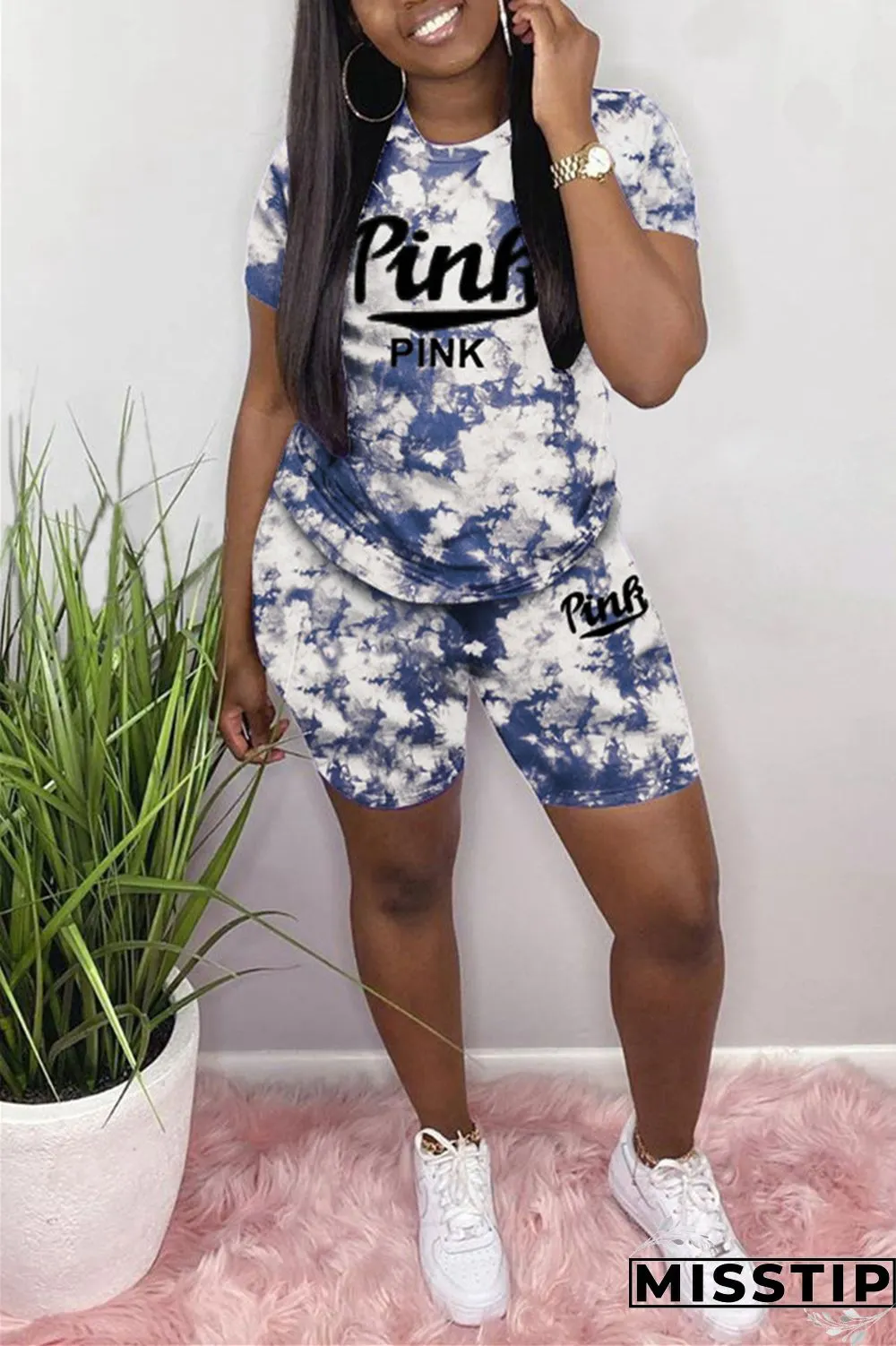 Green Fashion Casual Short Sleeve O Neck Regular Letter Print Tie Dye Two Pieces