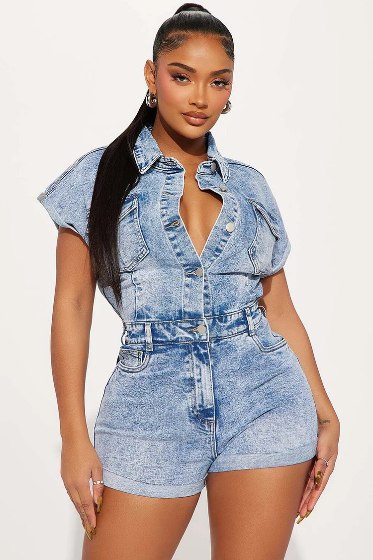 Denim Short Sleeve Button Up Slim Fit Casual Playsuit Romper-Blue