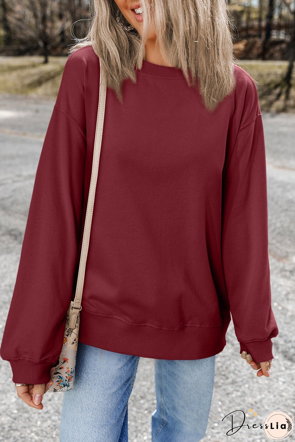 Burgundy Plain Drop Shoulder Crewneck Pullover Sweatshirt