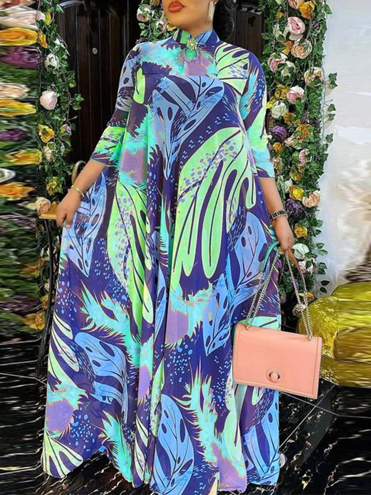 Print Stand Collar Cut Out Long Sleeve Maxi Dress SKUJ15371 QueenFunky