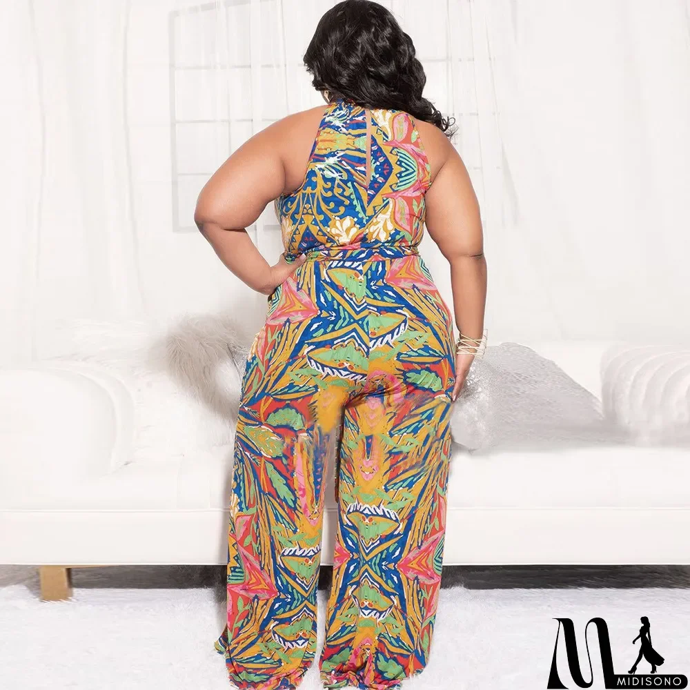 MidiSono - sexy fancy straps large size printed jumpsuit nightclub outfit
