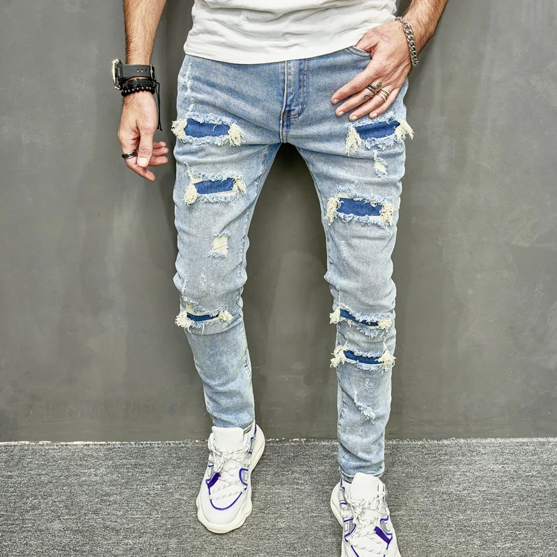 Men's High Street Ripped Slim Fit Small Feet Elastic Jeans Biker Jeans Hip Hop Hippies Jeans