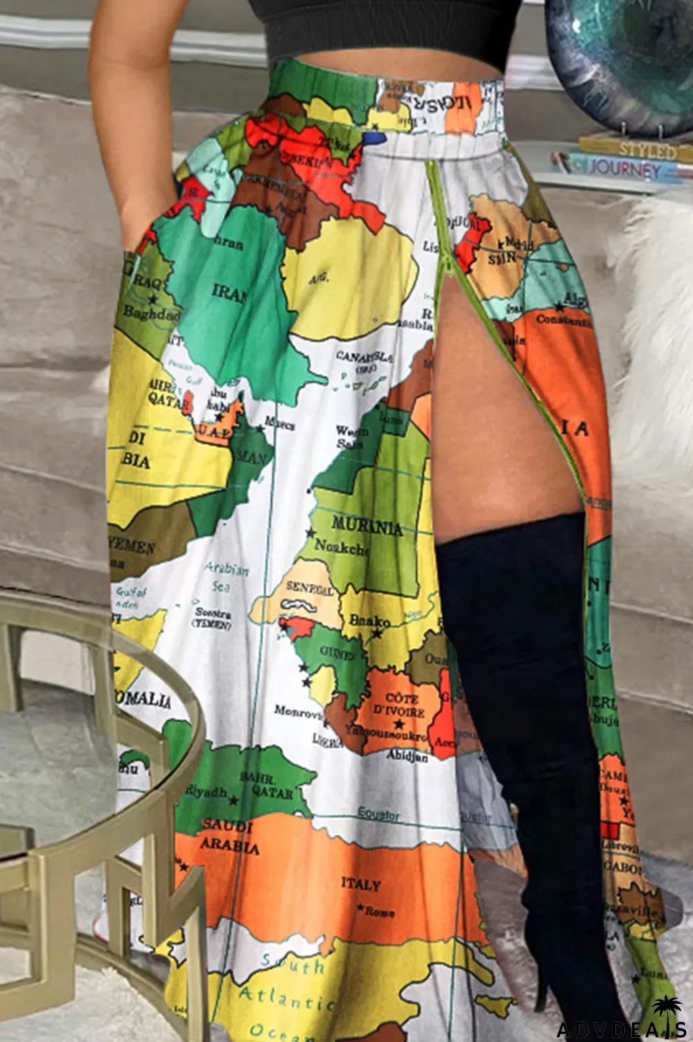 Colour Casual Print Patchwork Slit High Waist Type A Full Print Bottoms