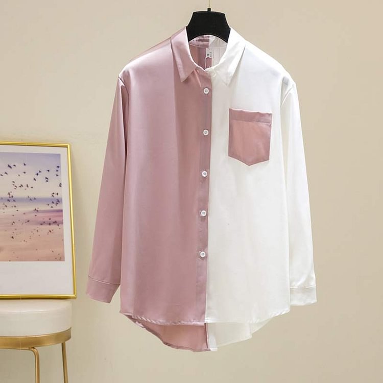 Vintage Colorblock Lapel Chiffon Shirt Workwear - Modakawa Modakawa