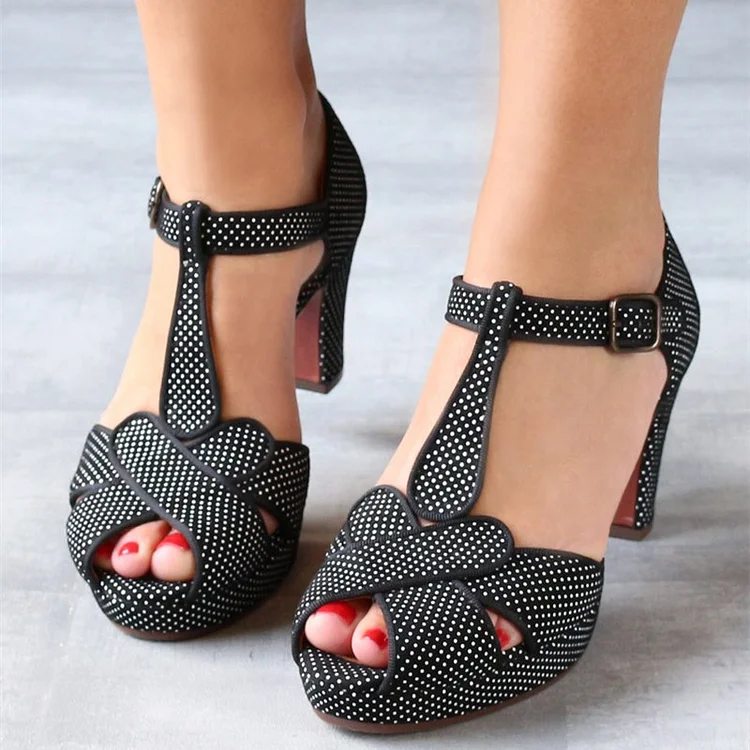 Women's Black Buckle Peep Toe Polka Dot Chunky Heel Sandals |FSJ Shoes