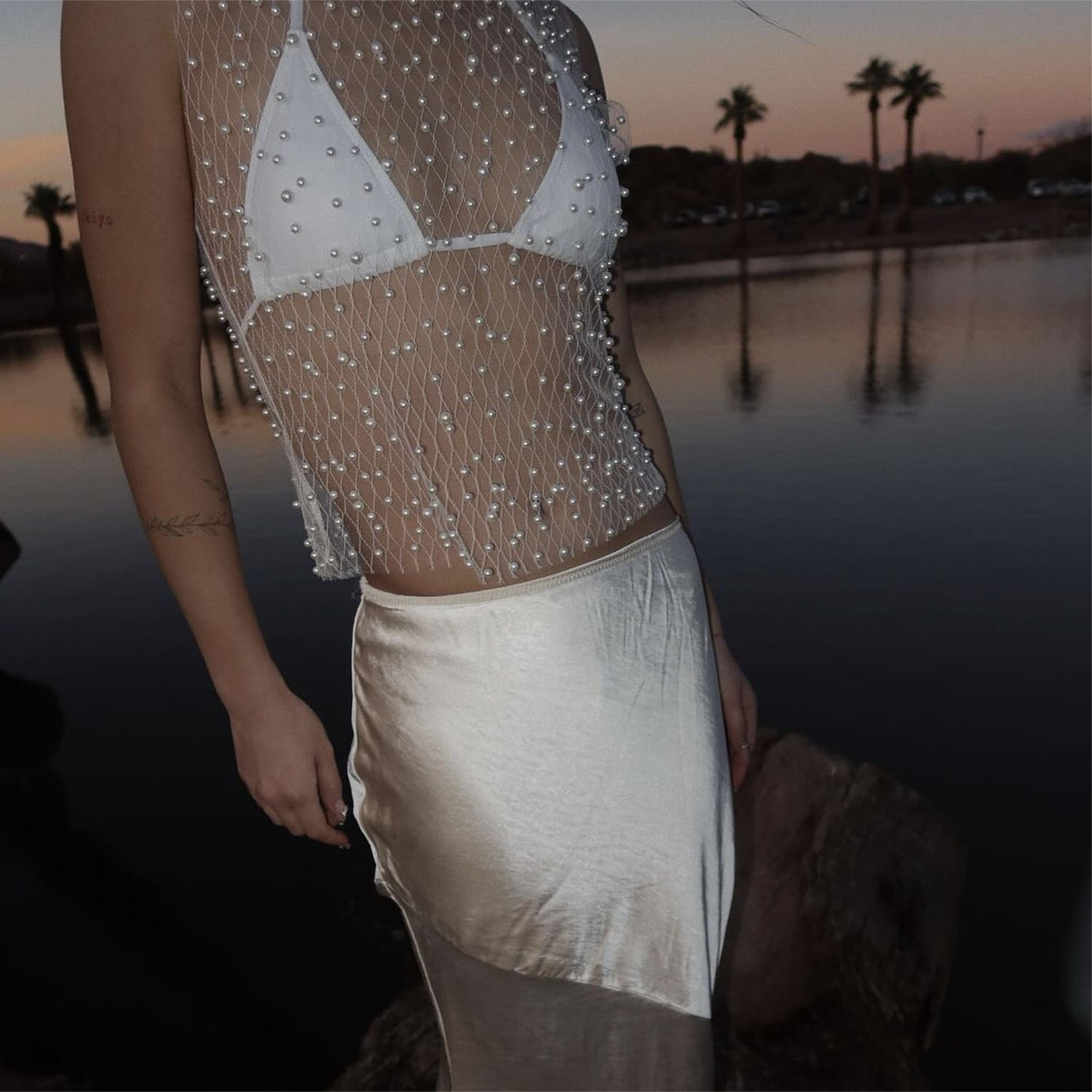 Ootddress Pearl Mesh See-Through Women Tank Top Sexy Sleeveless Round Neck Losse Summer Short T-shirt Female Y2K Fashion Vest 2025