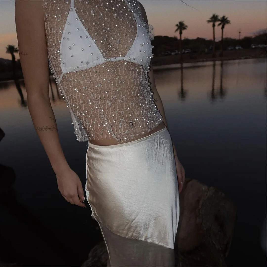 Uveng 2025 Explosion Women's Bubble Beads Net Yarn Perspective Sexy Sleeveless Vest Top