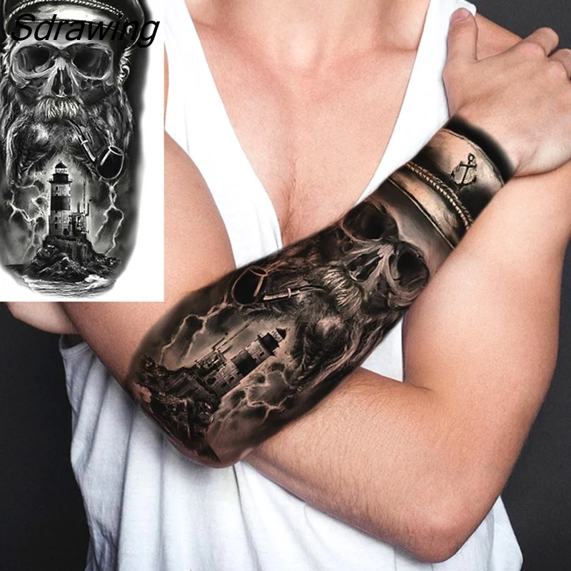 Sdrawing Realistic Black Devil Temporary Tattoos For Men Adult Tiger Pirate Skeleton Vampire Fake Tattoo Forearm Scary Tatoo Joker