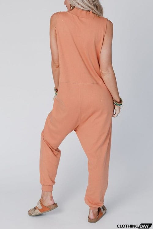 V Neck Solid Sleeveless Pocket Jumpsuit