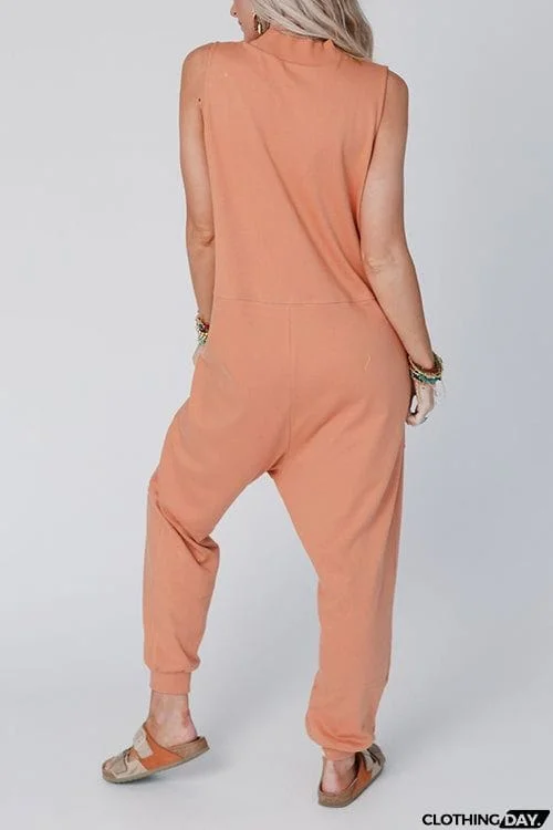 V Neck Solid Sleeveless Pocket Jumpsuit