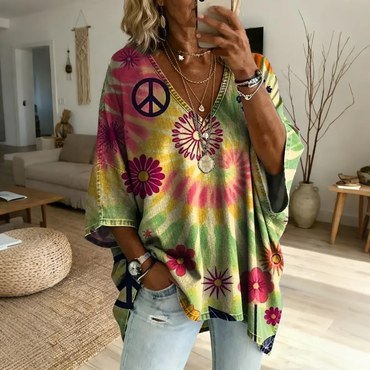 Women's Retro Hippie Floral Art Tie-dye Print Casual Cotton Linen T-shirt elevenforest