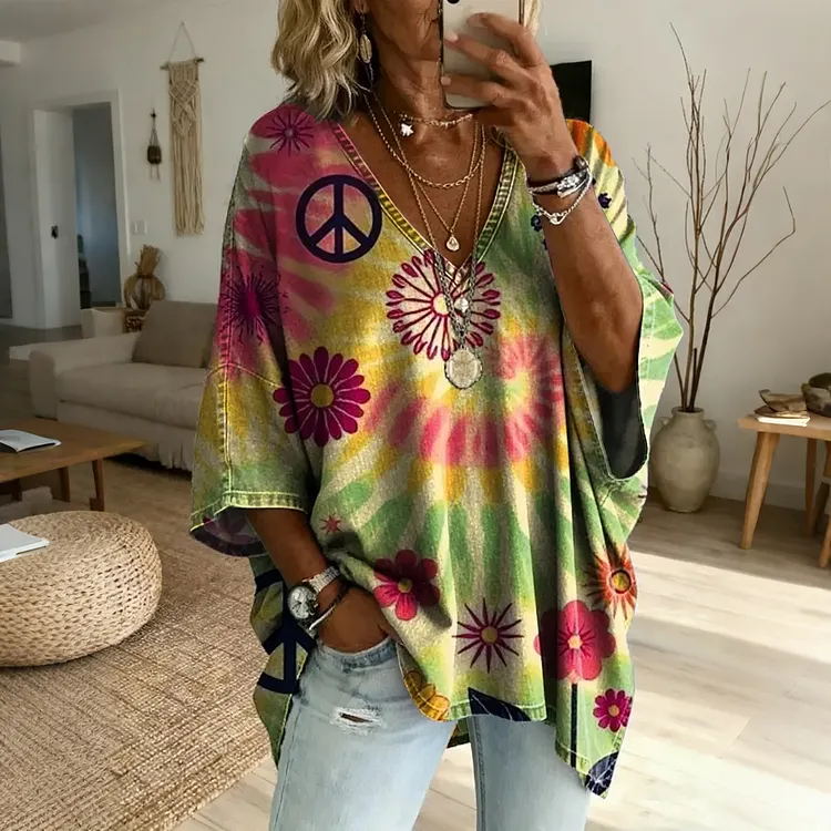 Women's Retro Hippie Floral Art Tie-dye Print Casual Cotton Linen T-shirt