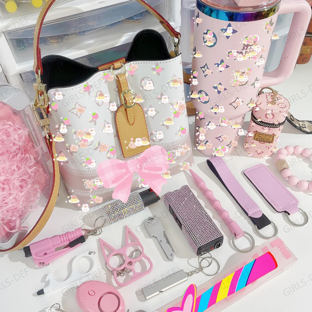 (Pink & White) French Designer Bucket Bag self defense keychain with Tumbler