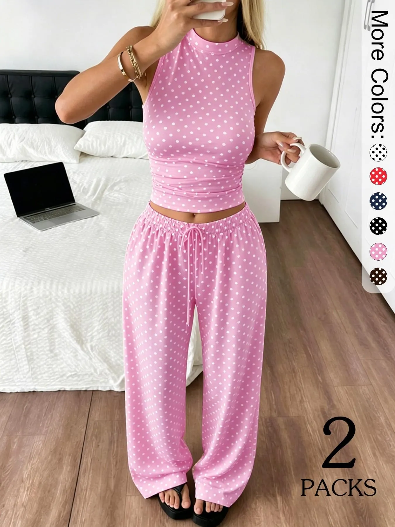 2 Pack Women's Polka Dot Loungewear Set, Sleeveless High Neck Crop Top & Wide Leg Pants, Clean Girl Style Minimalist Summer Outfits with Drop Waist, Slim Fit Lingerie Outfit for Daily Wear & Casual Lounging