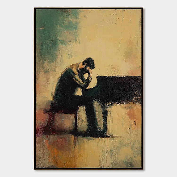 SOLITUDE SONATA: Expressive Figurative Piano Oil Painting（Canvas painting）