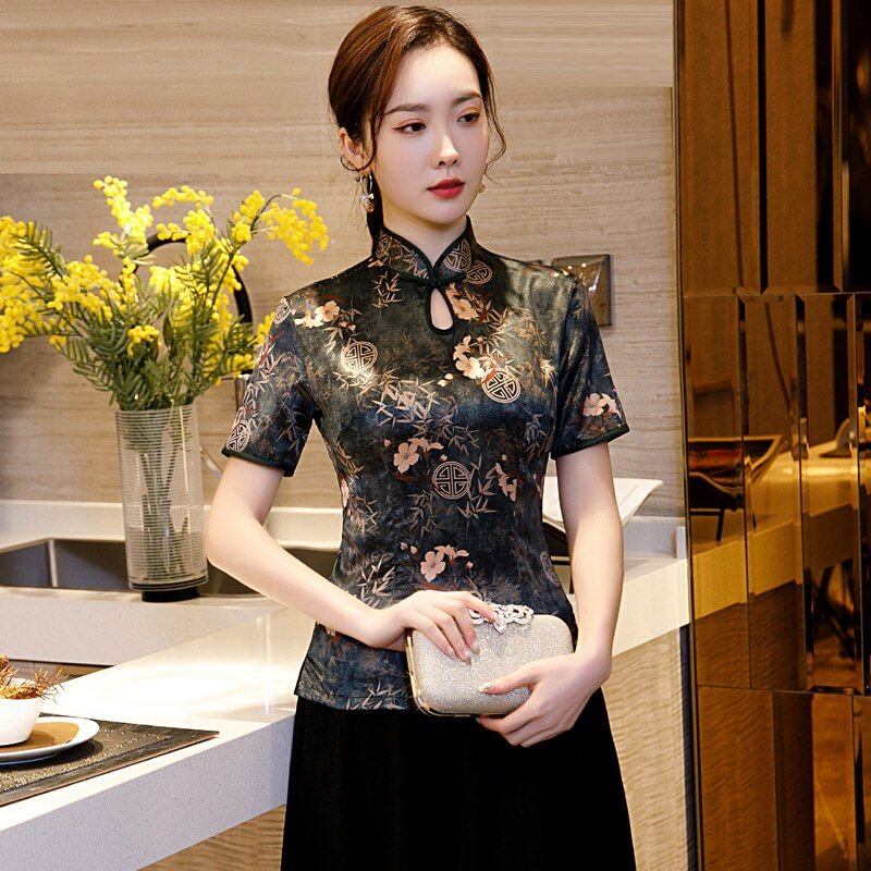 Uaang Summer Womens Shirt Tops Traditional Chinese Style Rayon Blouse Lady Mandarin Collar Qipao Mujer Camisa Size S M L XL XXL
