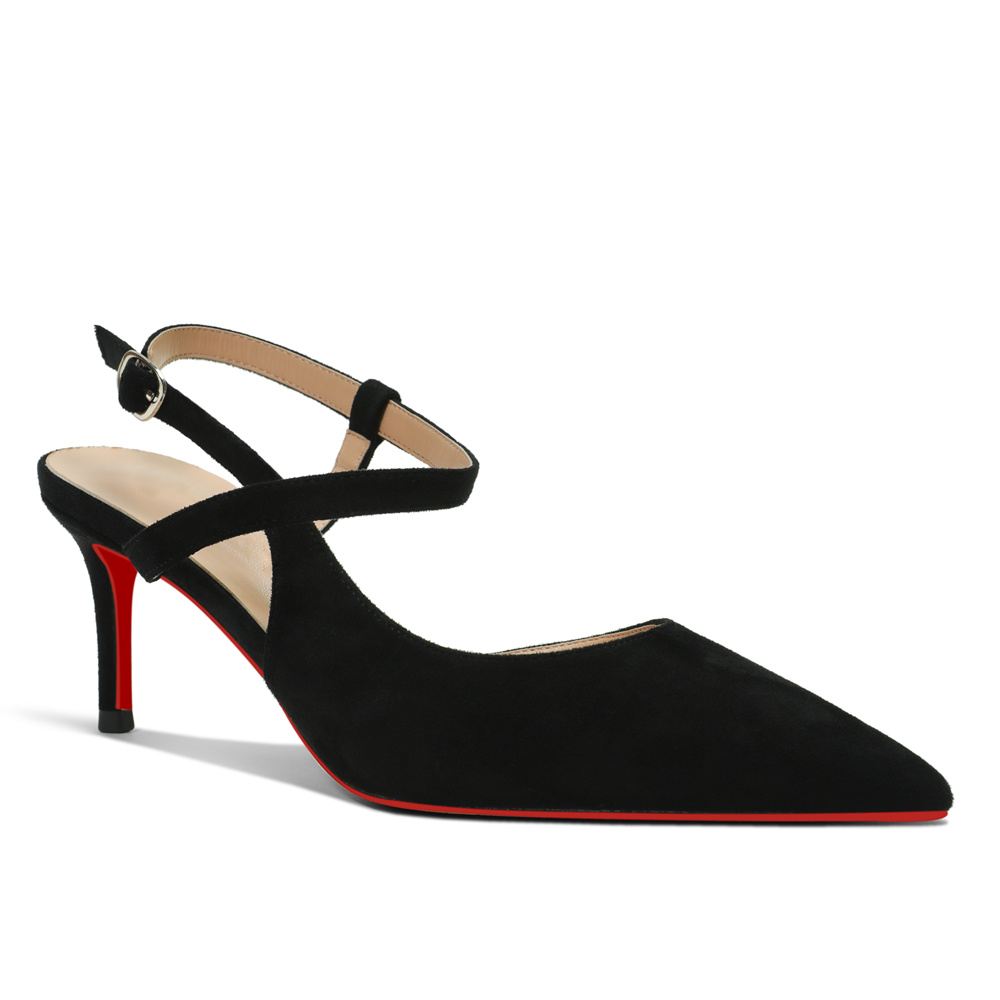 65mm Women Slingback Pumps Ankle Strap Red Bottom Stiletto Mid Heel Close Pointed Toe Daily Summer Suede Sandals-MERUMOTE