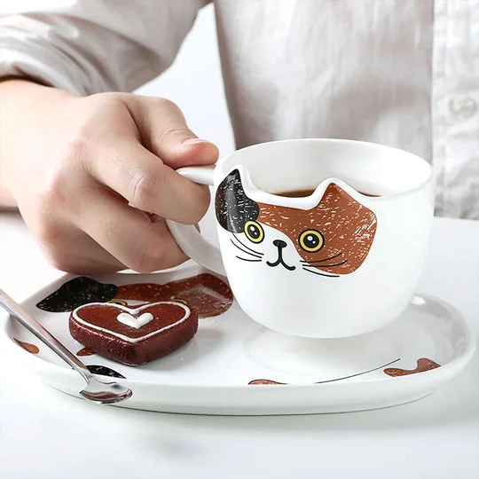 Cute Cat Snack Platter Coffee Cup Set