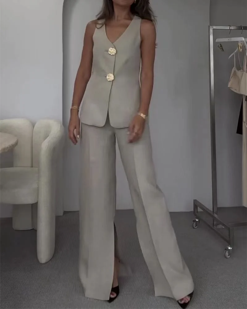 Mongw Mongw Spring And Summer New Solid Color V-Neck Sleeveless Vest Wide Leg Pants Casual Two-Piece Set