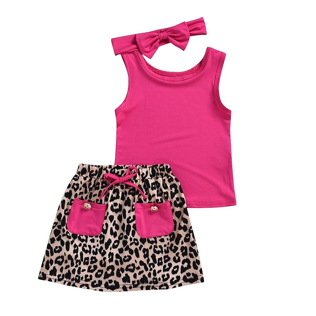2020 Baby Summer Clothing Newborn Baby Girl Outfit Vest Top  Fluorescence T shirt Leopard Dress Skirt Headband 3Pcs Clothes