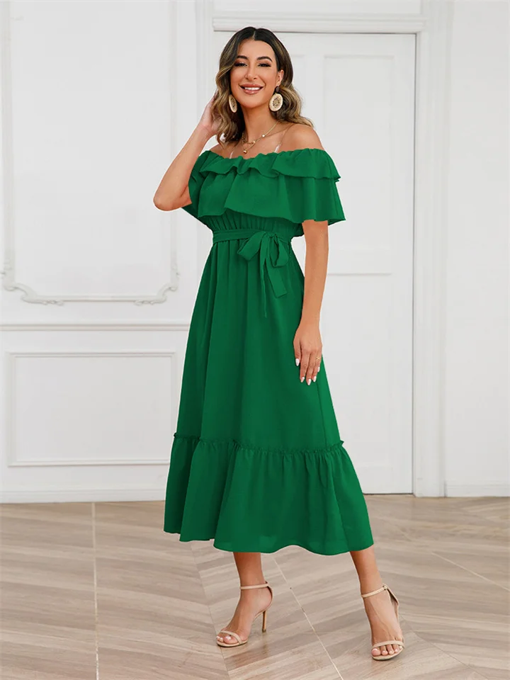 Summer Solid Color Sexy One-piece Neck Strapless Mid-length Dress Fashion Beach Dress S M L XL 2XL-Cosfine