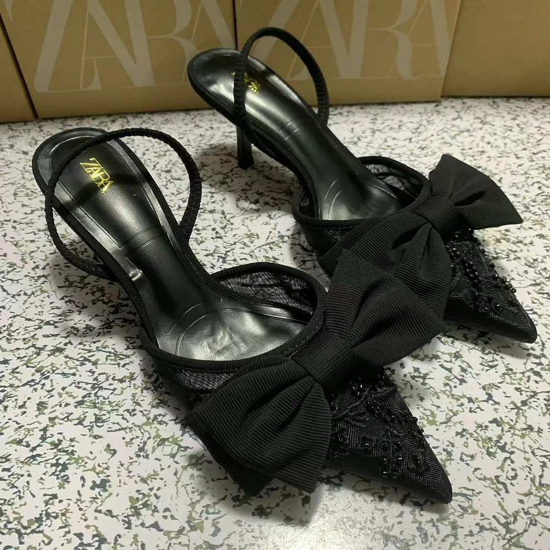 Breakj Breakj Home 2025 New Women's Shoes Low Heel High Heels High-Heeled Shoes Back Mouth Studded Single Shoes Black Bow