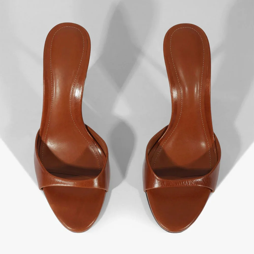 Brown Open Round Toe Slip On Women's Mules Shoes with Stiletto Heel