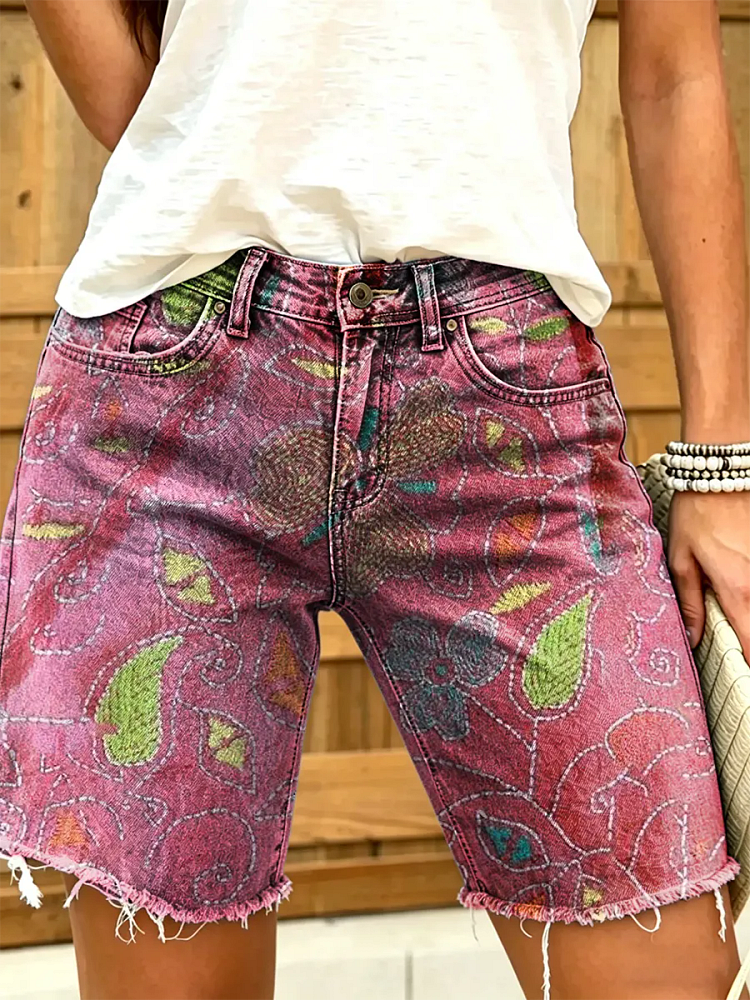 Women's Vintage Floral Print Denim Shorts