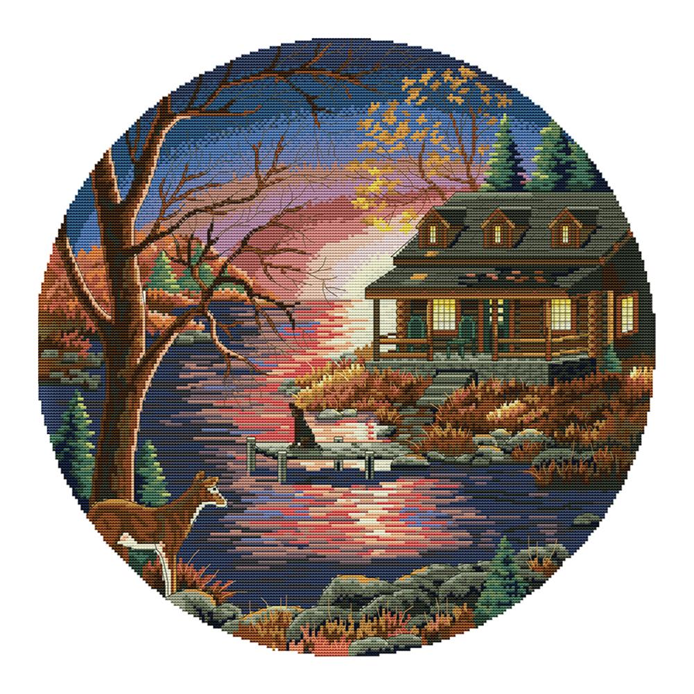 

Sunset Lakeside Villa - 14CT Stamped Cross Stitch - 48*48cm, 501 Original