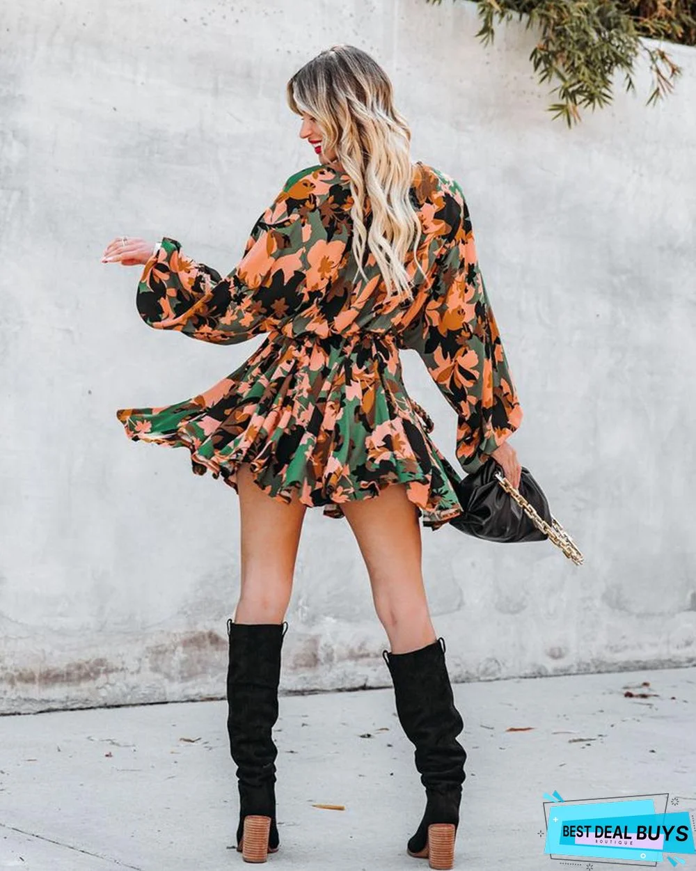 Printed Round Neck Long Sleeve Dress