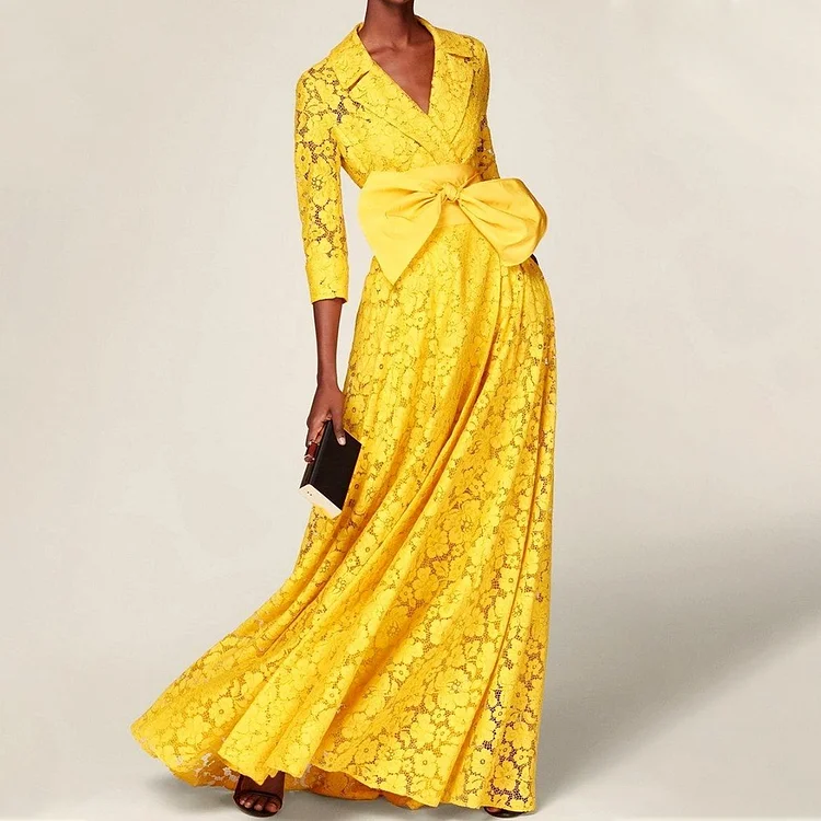 Formal Lapel Collar 3/4 Sleeve Lace Floral Bow Maxi Dress