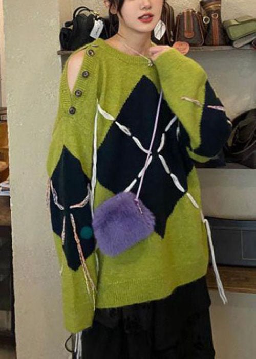 Bohemian Green Cold Shoulder Button Knit top Winter CK388- Fabulory