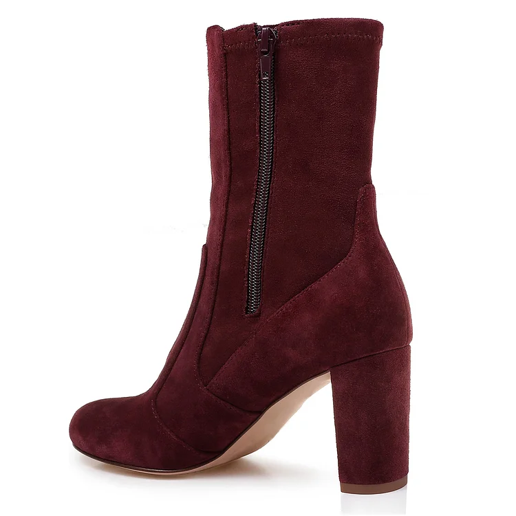 Burgundy Joint Ankle Boot chunky Heel Boots |FSJ Shoes