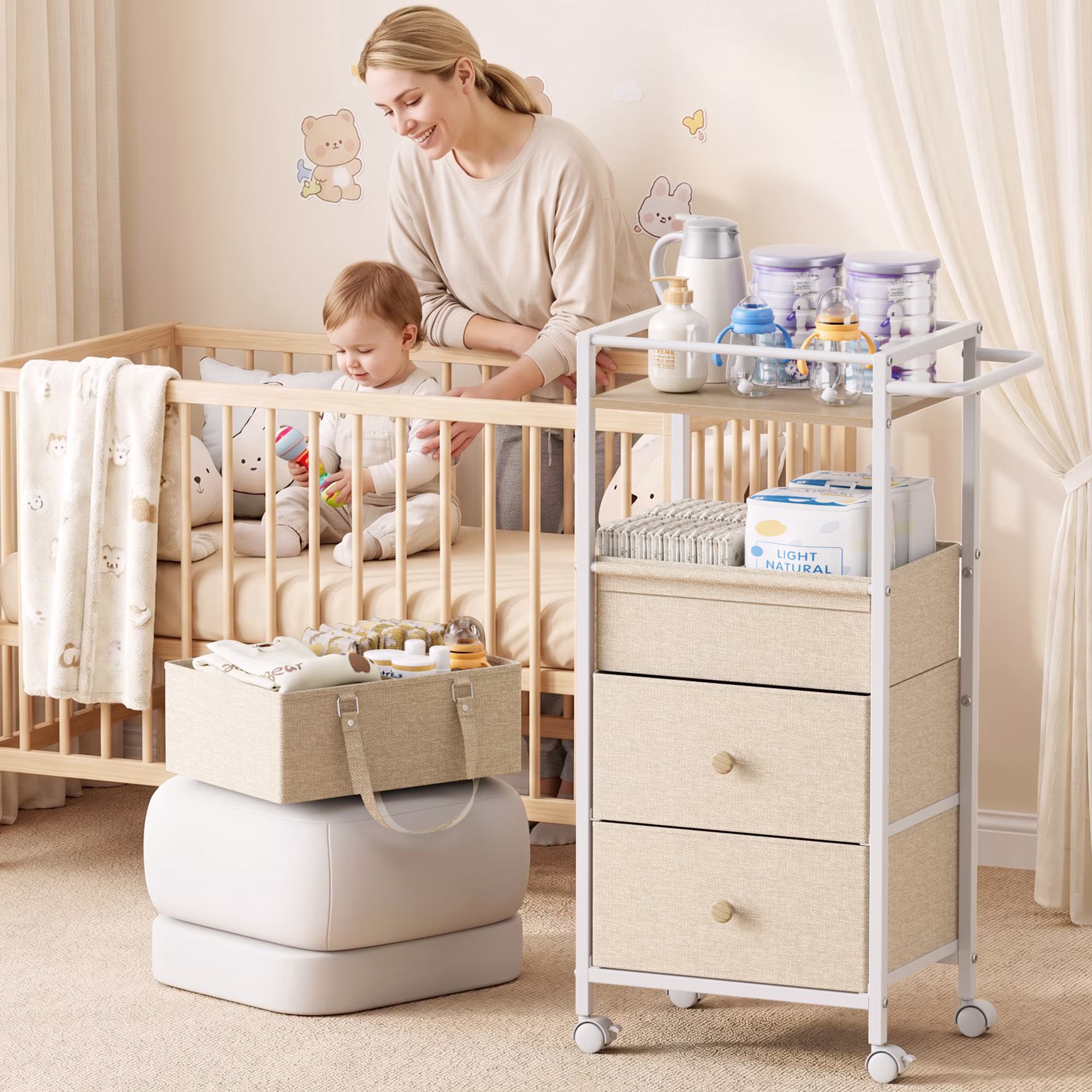 Baby Diaper Caddy Organizer Cart with Drawers - 3In1 Rolling Storage Cart with Wheels, Removable Diaper Caddy, Detachable Dividers - for Crib, Bedroom, Art & Craft Organizer (Off White)