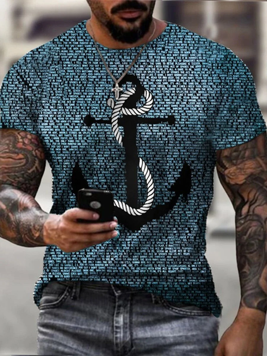 Men's retro anchor loose digital printing short sleeve