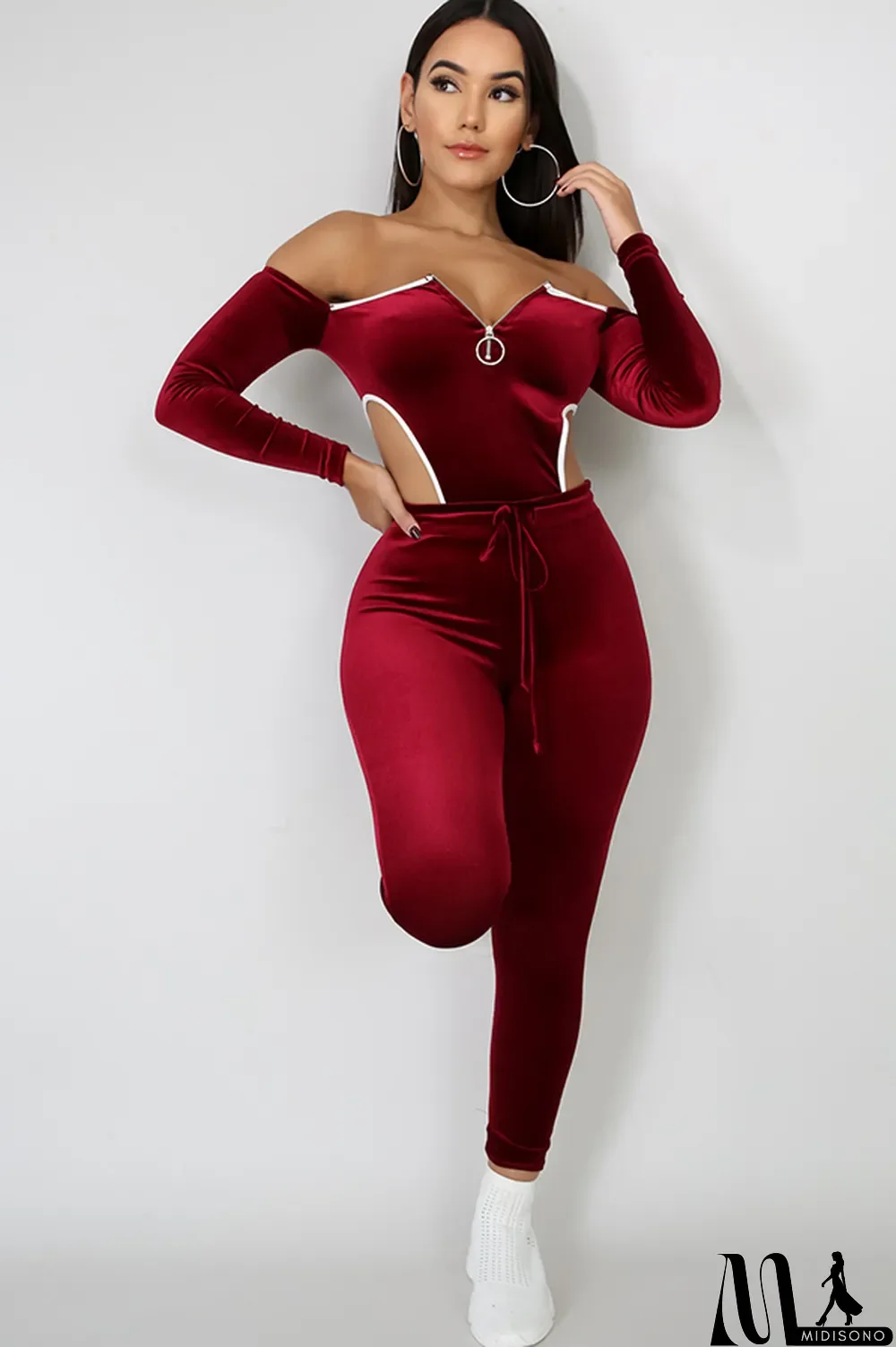 MidiSono - purple Polyester Sexy Solid Two Piece Suits pencil Long Sleeve Two-piece Pants Set