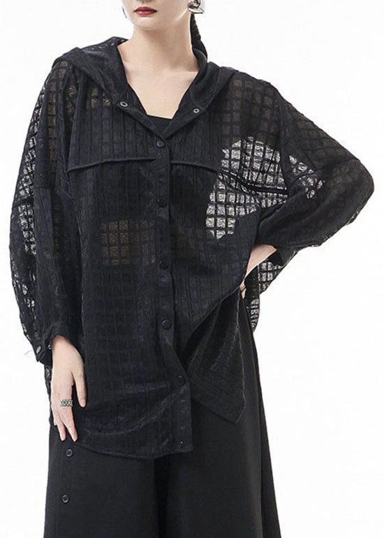 Loose black Hollow Out Hooded tulle Blouse Tops Batwing Sleeve CK2326- Fabulory