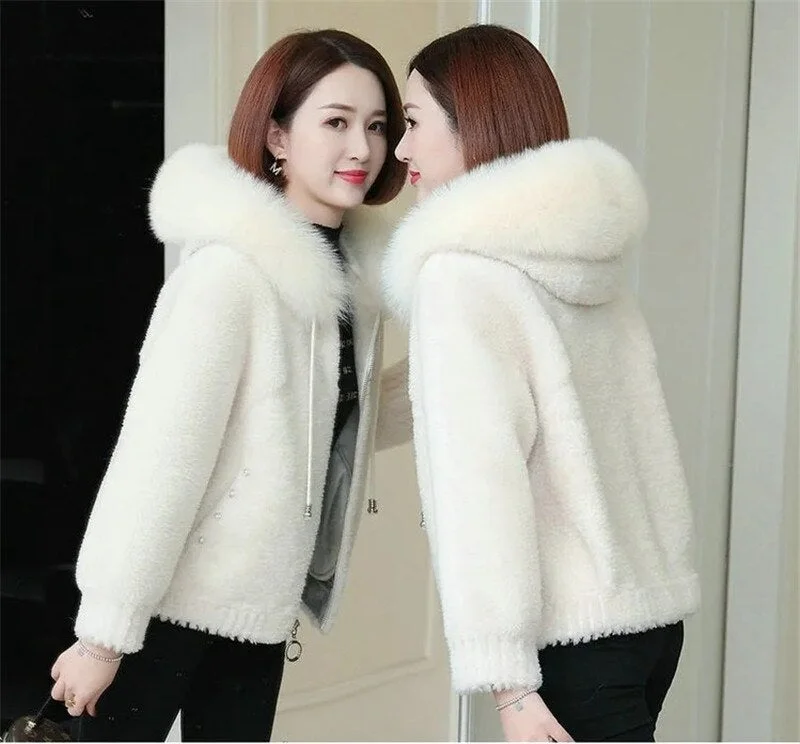 Faux Sheep Shearing Fluff Jacket Women Autumn Winter Thick Warm Short Fur Coat Fox Fur Collar Hooded Top Student Outwear KW1018