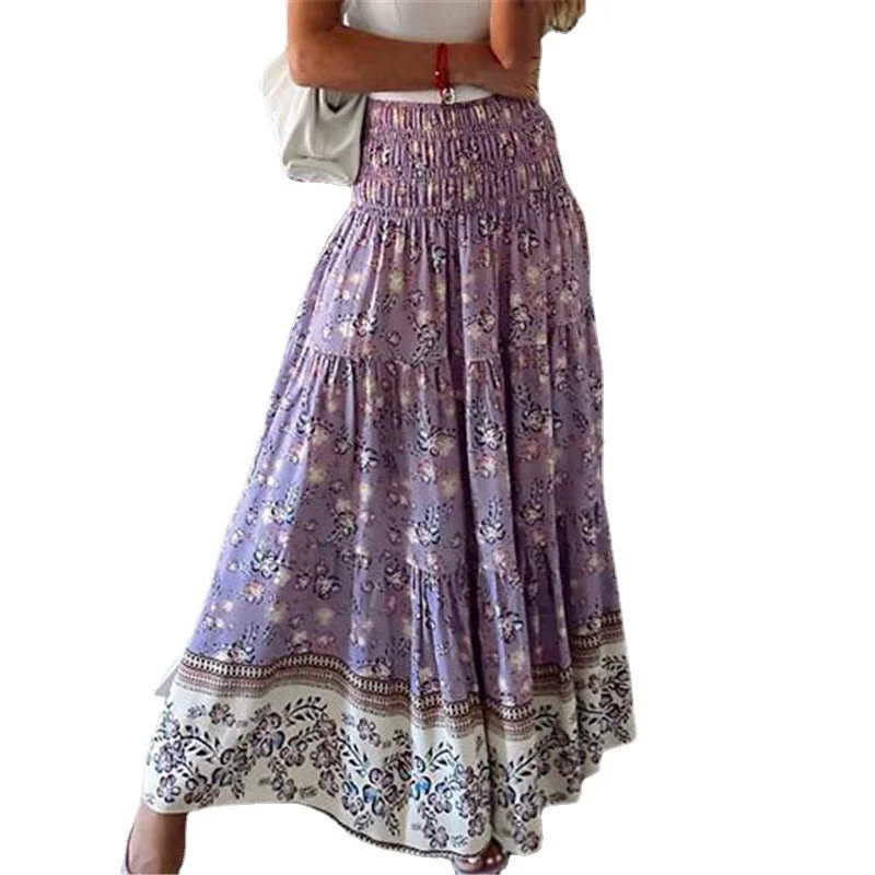 Brownm Printed Polyester Fiber Casual High Waist Long Skirt