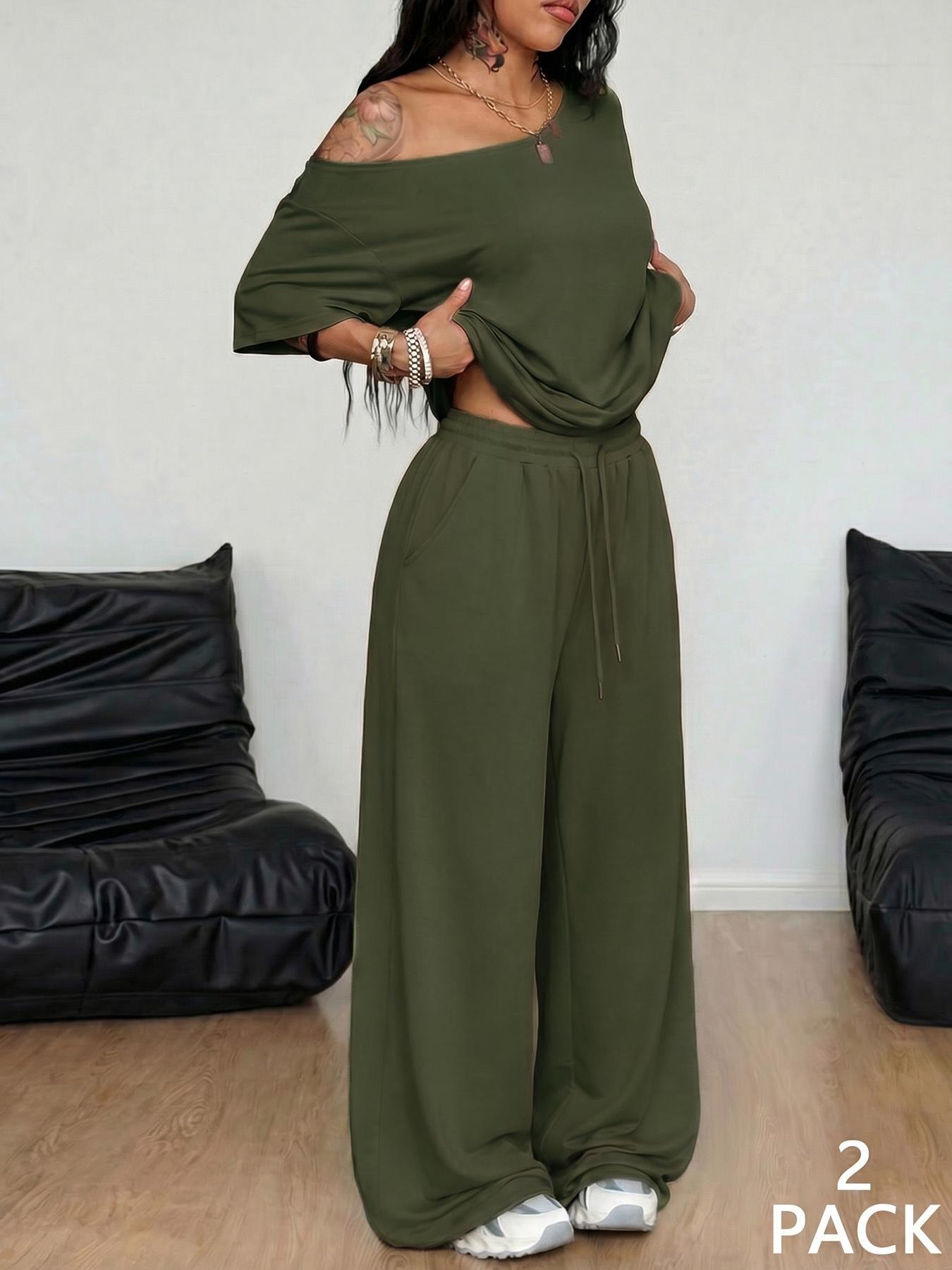 2pcs/Set Women's Minimalist Basic Casual Daily Wear Everyday Going Out Sport Comfortable Baggy Off Shoulder T-Shirt And Wide Leg Pants Two Pieces Outfits