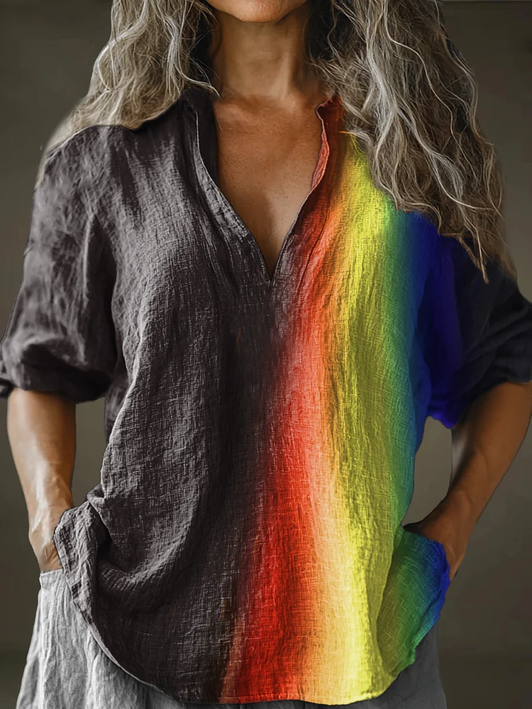 Women's Rainbow Abstract Art Pattern Print Long Sleeve Comfortable Cotton And Linen Shirt