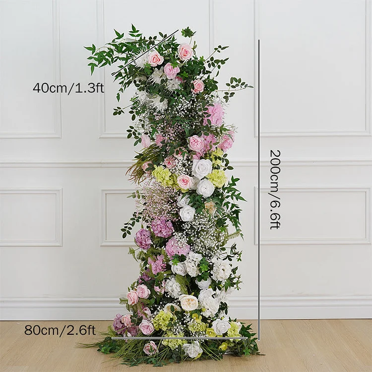 A7847 Pink White Rose Babysbreath Flower Row Decor Wedding Backdrop Horn Arch