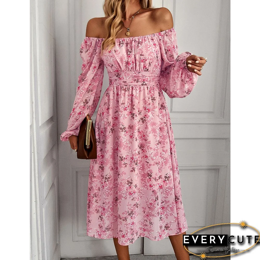 Pink Square Neck Back Pleated Chiffon Floral Dress