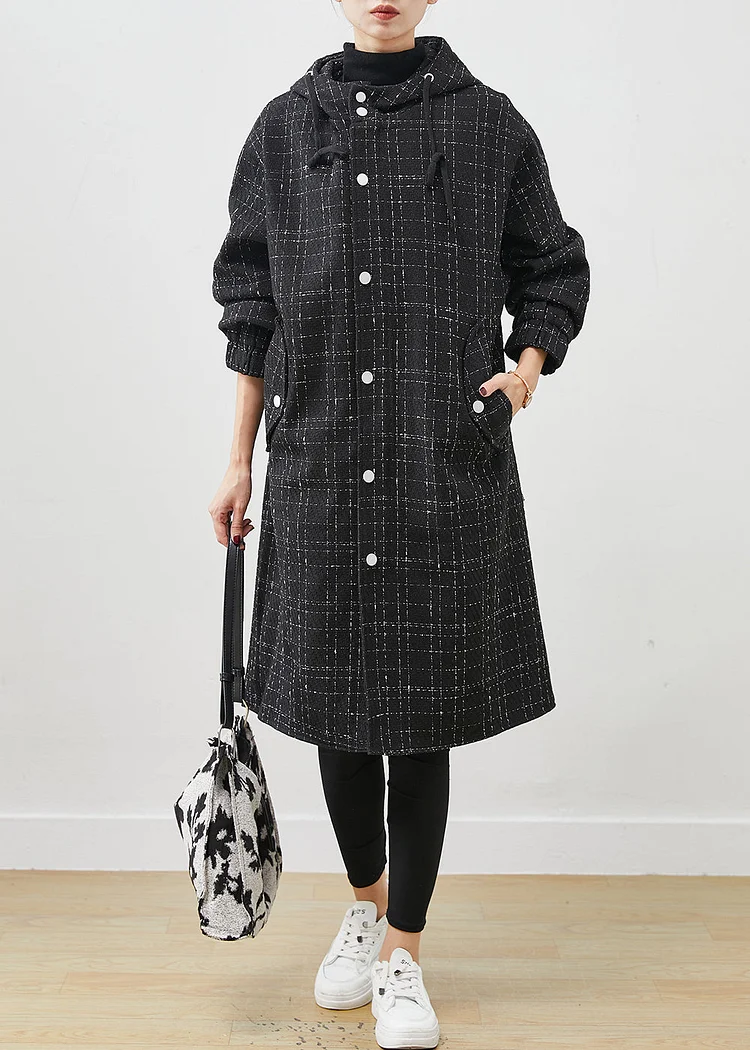 Italian Black Hooded Plaid Woolen Coat Outwear Spring