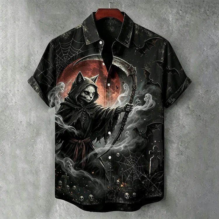 Men's Halloween Skull Cat Soul Stealer Dark Art Short Sleeve Shirt