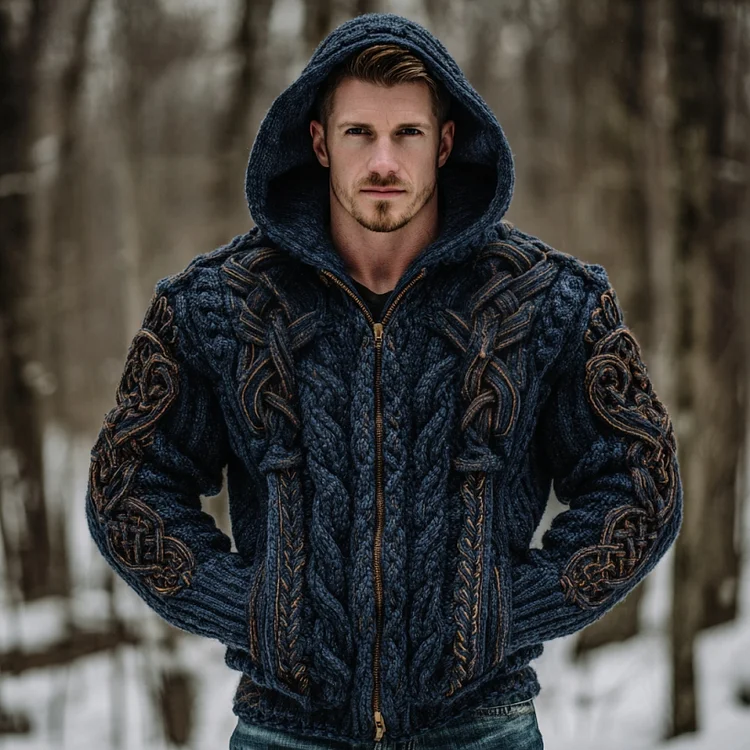 Men's Viking Celtic Knot Art Zip Cozy Hooded Cardigan